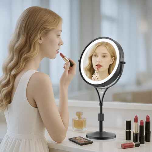 Lighted Makeup Mirror with Magnification, 1x/10x Magnifying Mirror with 3 Color and Blessed Cross, 7" Rechargeable Brightness Dimmable Height Adjustable Vanity Mirror, Christian Women Gift