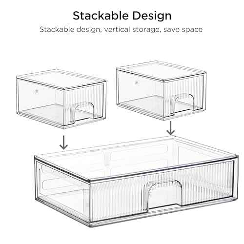 Clear Stackable Desk Storage Drawers, 3 Pack Acrylic Bathroom Makeup Organizers, Easily Assemble All Purpose Plastic Bins for Brightroom, Pantry Organization, Vanity, Undersink, Cabinet