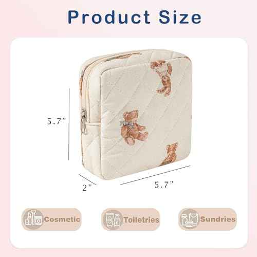 Small Quilted Cotton Makeup Bag for Purse, Cosmetic Bag with Compartments, Cotton Aesthetic Makeup Bag, Travel Toiletry Pouch, Key Pocket Lipstick Bag Card Holder Data Cable Organizer£¨01White Bear£©