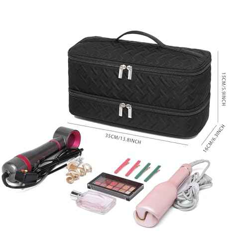 Double-Layer Travel Carrying Case for Revlon One-Step Hair Dryer Brush Volumizer Styler Shark FlexStyle Attachment Portable Storage Organizer Bag Hair Tools Travel Bag (Black)
