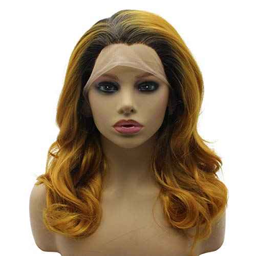 iwonawig Shoulder Length Wavy Curl Dark Roots Gold Blonde Ombre Tone Synthetic Lace Front Wig Heat Friendly Fiber