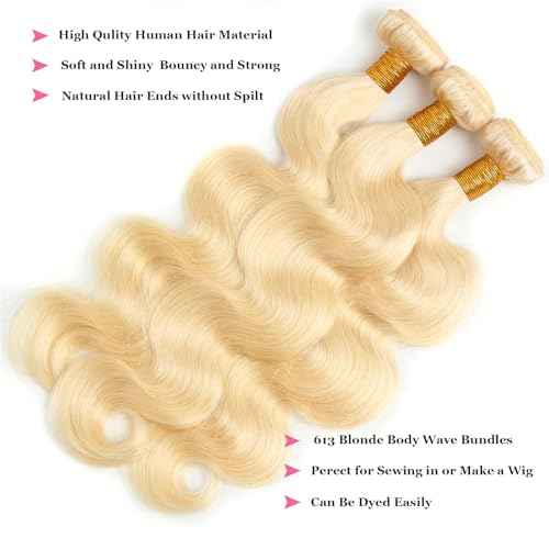 613 Blonde Body Wave Human Hair Bundles - 100% Unprocessed Virgin, 22 inch Weave Extensions