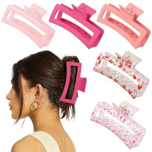 5 PCS 5 Inch Extra Large Claw Clips for Women, Acrylic Jumbo Claw clips for Thick Long Curly Hair, Rectangle Matte Hair Claws Clips, Non-slip Square Hair Clips for Women, Christmas Gifts (cherry pink)