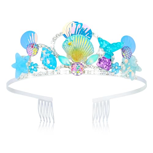 Wecoe Tiara for Girls Blue Mermaid Birthday Crown Princess Crown Fairy Crown Tiara Mermaid Party Decoration Birthday Party Favor Party Supplies Princess Dress Up Costume Accessories Gift