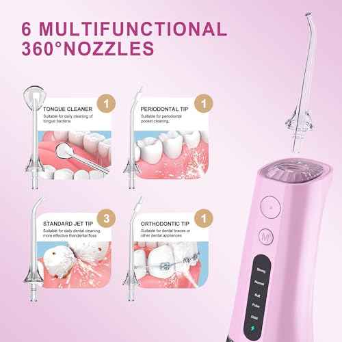 Water Dental Flosser OLED Display Cordless Teeth Cleaning MOCEL 5 Modes Oral Irrigator 300ML Portable and USB C Rechargeable IPX7 Waterproof Floss Teeth Pick (Pink)