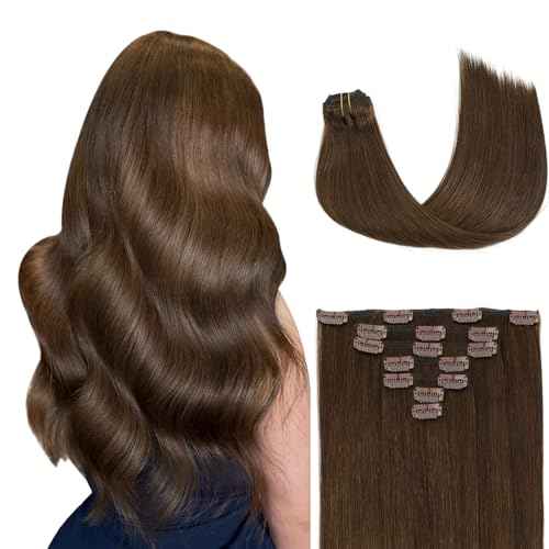 Clip in Hair Extensions Real Human Hair, Silky Straight Real Remy Human Hair Extensions Clip ins, Light Brown Clip in Extensions for Women, 14inch 120g 7Pcs, 4# Chocolate Brown
