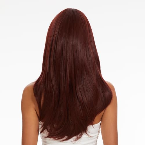 DAWANQU Red Wig With Bangs Long Body Straight Wigs Hair Preplucked Hairline Natural Wigs for Women Synthetic Wig Hair Long straight hair wigs with bangs (25 Inch, Berry Red)