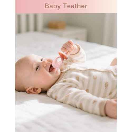 Baby Toothbrush & Teether for Infant and Toddler, Silicone Baby Oral and Tongue Cleaner, Ultra Soft Infant Training Toothbrush with Travel Case, Adjustable Safety Shield - Pink