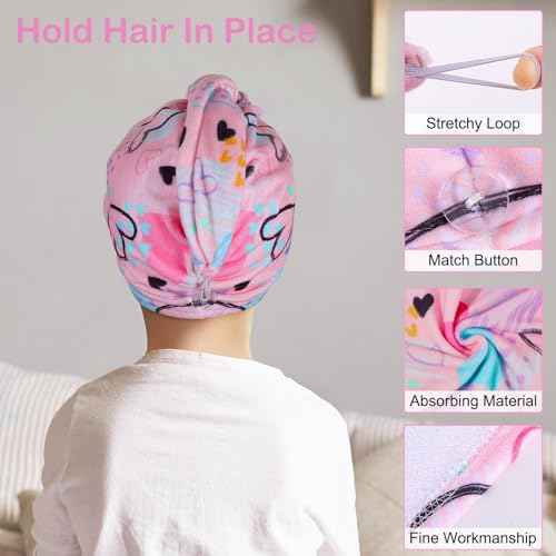 Basumee Microfiber Hair Towel Wrap for Kids 2 Pack Rapid Drying Hair Towel with Button Hair Turbans for Wet Hair Wraps Head Towel Wrap for Women and Girls, Blue