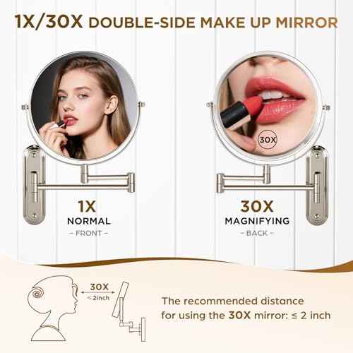 Wall Mounted Makeup Mirror - 1X/30X Magnifying Makeup Mirror with Extended Arm 360¡ÆSwivel Vanity Mirror, 8.5in Double Sided Mirror for Bathroom, No Lights