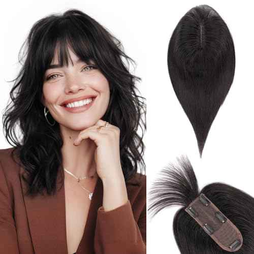 TESS Real Hair Toppers for Women Handmade Lace Base Womens Clip In Hairpieces with Bangs 5 Clips Natural Coverage Soft and Secure 2¡¿6", Nature Black