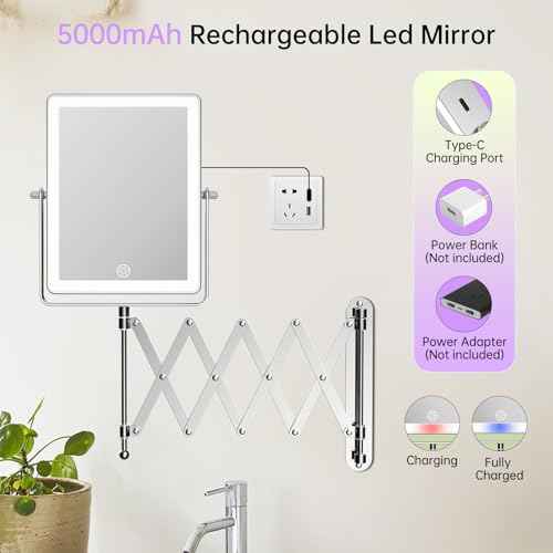 FASCINATE 5000mAh Rechargeable Wall Mounted Makeup Mirror with Lights, 8.7 Inch Double Sided Touch Switch 1X 30X Magnifying Bathroom Mirror, 3 Color Lights Dimmable Extended Arm 360¡ÆRotation (Chrome)