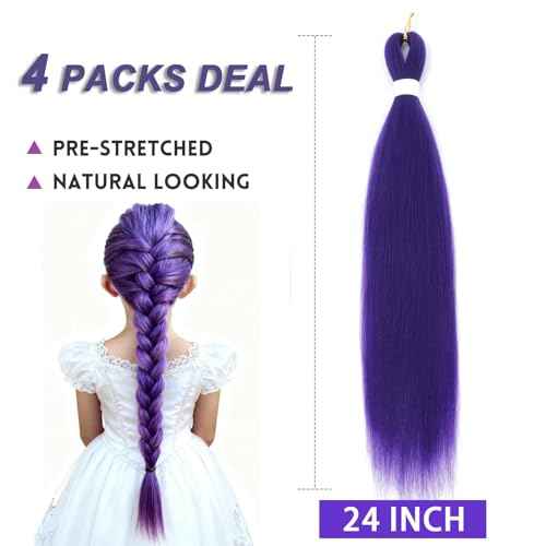 4Packs Long Purple Hair Extensions Pre Stretched Synthetic Braiding hair Extensions for Braids purple Braiding Hair for Stage Party Halloween Cosplay Costume Wigs (Purple, 24 Inch (Packs of 4))