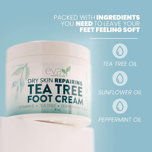Eva Naturals Tea Tree Foot Cream ? Moisturising Foot Lotion & Balm for Dry, Cracked Heels & Feet with Peppermint, Menthol, Spearmint, Aloe, Sunflower Oil & Geranium ? Cream for Men & Women, 4 Fl Oz