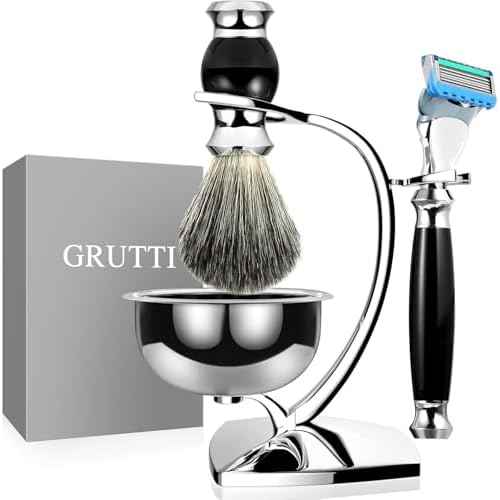 GRUTTI Premium Shaving Kit for Men, 4 in 1 Shaving Set Includes having Stand & Soap Bowl &Brush, Deluxe Safety Mens Razor Holder with Non Slip Base Shaving Kit for Fusion 5