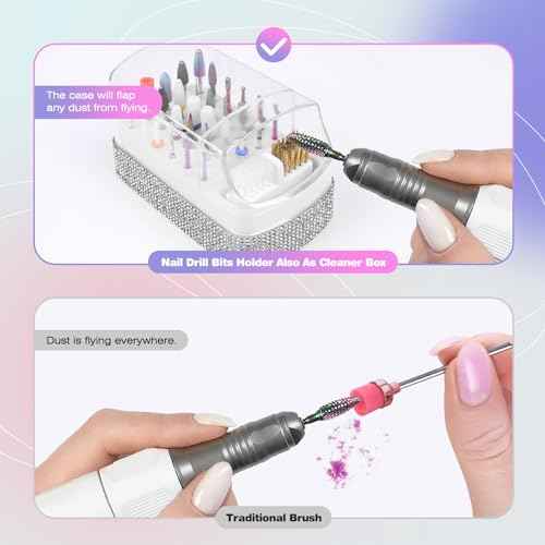 2 in 1 Nail Drill Bits Holder: 30 Holes Nail Bits Organizer Case with Cleaner Brush, Dustproof Efile Nail Tech Bits Storage Container Box Manicure Tools Accessories Display for Salon Home(Only Box)