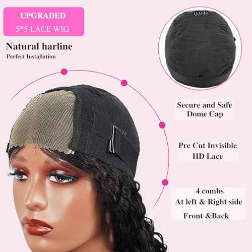 Bob Wig Human Hair Glueless Wigs Human Hair Pre Plucked Pre Cut 5x5 Short Curly Human Hair Wig For Black Women 180 Density Deep Wave Closure Wigs Human Hair 14 Inches Natural Black