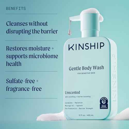 Kinship Gentle Moisturizing Body Wash for Sensitive Skin | Eczema Relief & Hydration for Dry Skin | Fragrance-Free, Unscented Body Soap, 13 oz