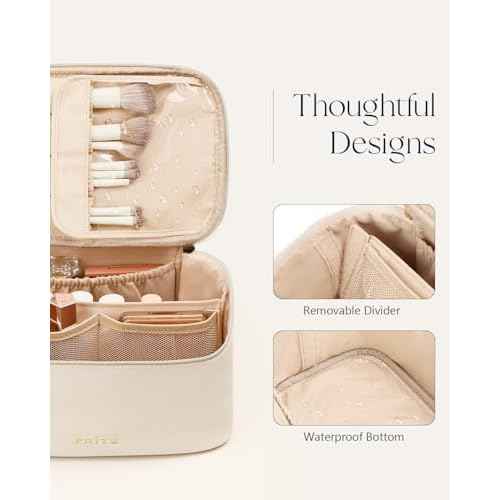 Prite Makeup Bag Portable Cosmetic Organizer with Brush Holder Waterproof Travel Toiletry Bag for Women with Handle and Divider (Beige)
