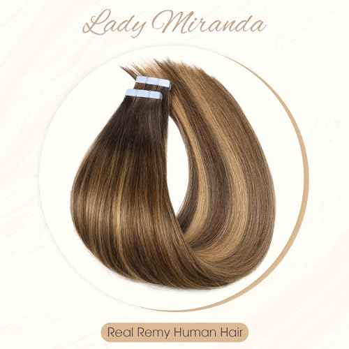 LADY MIRANDA Tape in Hair Extensions Human Hair 100% Remy Hair Extensions 20 Inch 20 Pcs 50g/pack Tape in Extensions Seamless Invisible Long Lasting Tape ins Hair Extension (T4/27, 20 Inch)