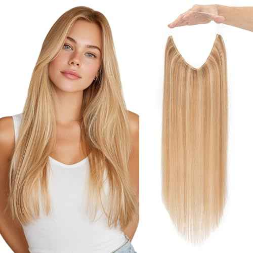 Halo Hair Extensions Real Human Hair Invisible Wire Extensions with Transparent Fish Line Adjustable Size Golden Brown & Bleach Blonde 22 inch