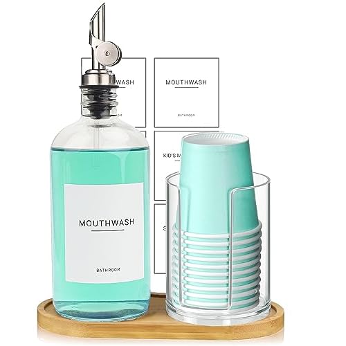 480ml/16.23 Oz Glass Pump Dispenser for Mouthwash With Disposable Cups Holder, Pour Spout Refillable Clear Container, Bamboo Tray, and Labels