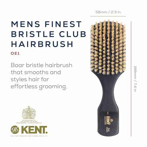 Kent OE1 Boar Bristle Club Brush, Travel Size Natural Boar Bristle Hair Brush for Men Wave Brush for Hair and Beard, Ebony Wood Finest Mens Kent Brush