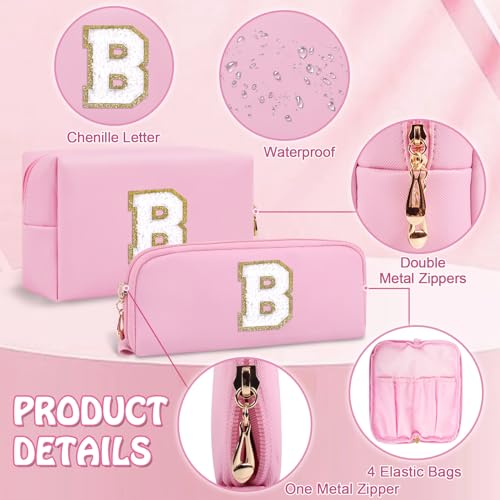 2 Pieces Personalized Initial Cosmetic Bag with Small Makeup Brush Bag, Pink Cute Preppy Cosmetic Travel Toiletry Zipper Pouch, Waterproof Make Up Bags Birthday Bridal Shower Gifts for Women(Letter B)