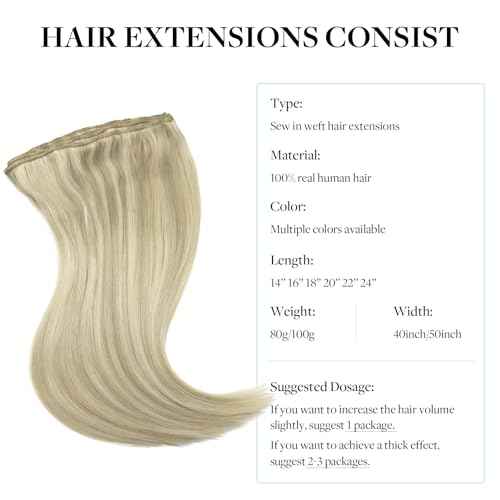DOORES Sew in Hair Extensions Real Human Hair, Ash Blonde Highlighted Platinum Blonde 22 Inch 110g Full Head Long Straight Sew in Weft