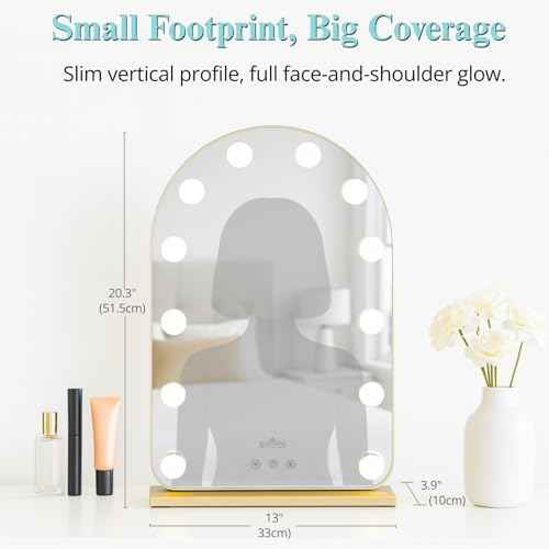 LUXFURNI Vanity Mirror with Lights, 20.5" L x 13" W Arched LED Makeup Mirror, Lighted Makeup Mirror with Lights, Smart Touch Control Dimmable 3 Modes Light, Gold