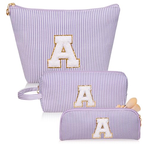 Initials Makeup Bag Set, Personalized Purple Cosmetic Bag, Cute Large Make up Bags, Travel Toiletry Bag for Women Girl Gifts A (Purple)