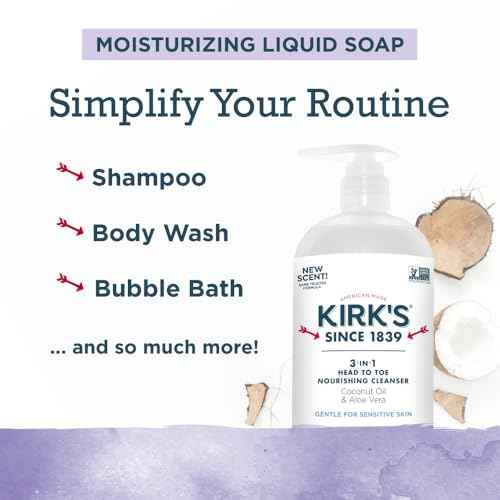 Kirk's 3-in-1 Head to Toe Nourishing Liquid Cleanser- for Men, Women & Children - Premium Coconut Oil & Aloe Vera- Non GMO & Vegan - Lavender and Vanilla - 32 Fl Oz.
