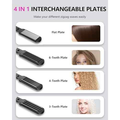 Hair Crimper Waver, Professional Hair Straightener Beach Waves Curling 4 Interchangeable Ceramic Plates, Hair Crimper Auto Temp Control Wide Plate Hairs Straightener & Styling Tool for All HairsTypes