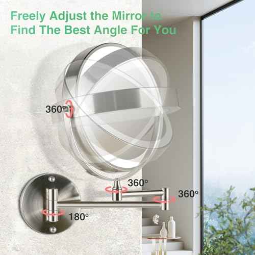 30X/1X Wall Mounted Makeup Mirror with Light: 8.5 Inch Double-Sided, 3 Color Modes, USB-C Rechargeable, 360¡Æ Swivel, Brushed Nickel
