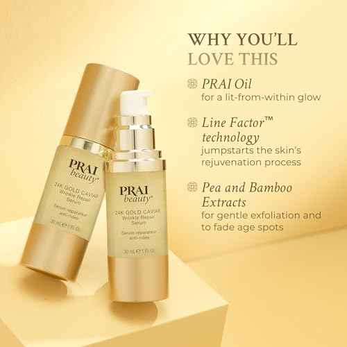 PRAI Beauty 24K Gold Caviar Wrinkle Repair Serum for Face | Anti-Aging Serum with Hyaluronic Acid to Plump and Fill In Wrinkles | Anti-Wrinkle Serum with Vitamin C for Brighter, Firmer Skin | 1.0 Oz