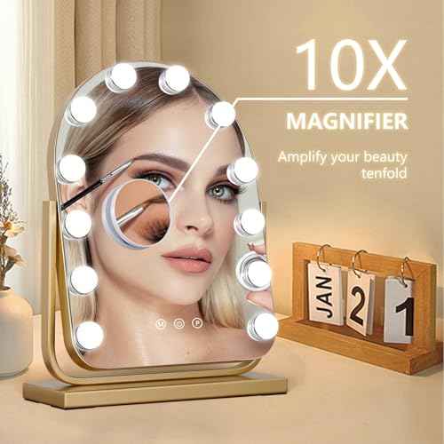 Vanity Mirror with Lights,17.3"¡¿13" Lighted Makeup Mirror with 12 Dimmable LED Bulbs,10X Magnification Smart Touch Control Hollywood Mirror with Lights,3 Colors Dimmable,360¡Æ Rotation (Gold)