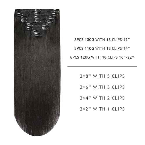 Yilite Clip in Hair Extensions - 20 Inch 120g 8pcs Real Human Hair Natural Silky Double Weft - Off Black