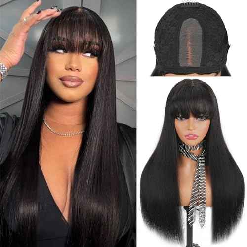 Human Hair Lace Front Wig, Natural Black Brazilian Virgin Hair, 20 Inches 200% Density, 2x4 Glueless Design Wig with Bangs, Straight Style for Women(20 Inch)