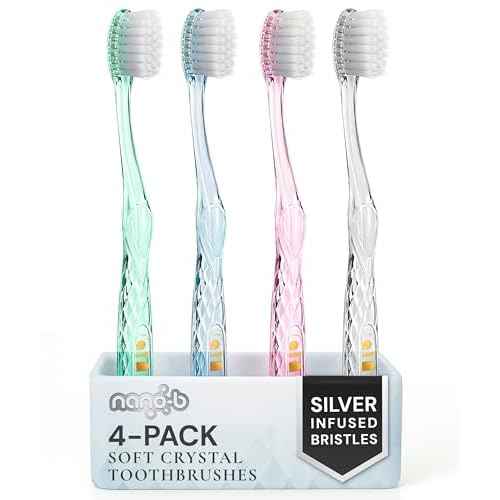 Nano-b Manual Toothbrush Set for Adults with Sensitive Gums, Silver Soft/Medium Bristles, Travel Cases, Blue, Pink, Green, Crystal, 4-Pack