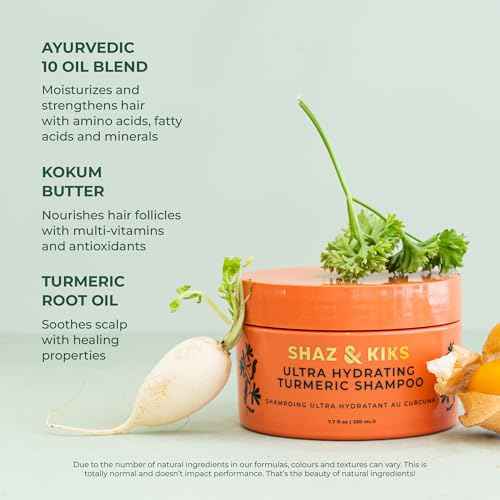 SHAZ & KIKS Ultra Hydrating Turmeric Shampoo | Deeply Moisturizing for Dry, Itchy, Flaky or Sensitive Scalp | Ayurvedic Turmeric & Kokum Butter | Natural, Vegan, Sulfate-Free, Color-Safe | 230ml