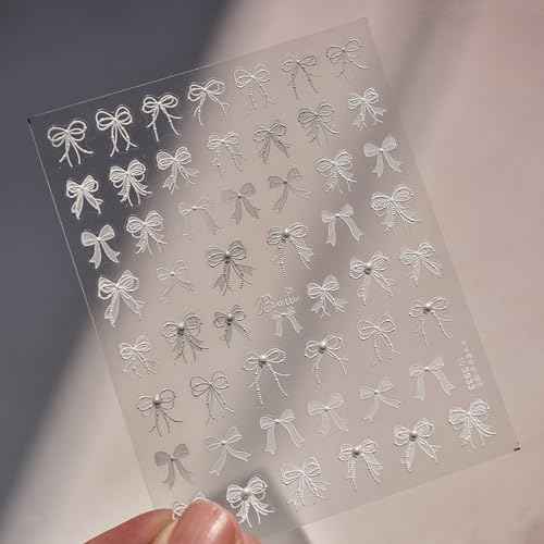 5D Embossed White Lace Bowknot Nail Art Stickers Pearl Bow Nail Stickers for Nail Art Supplies Retro Relief Bow Nail Decals Self-sdhsive Bow Stickers for Nails Ribbon Bows Nail Accessories for Women
