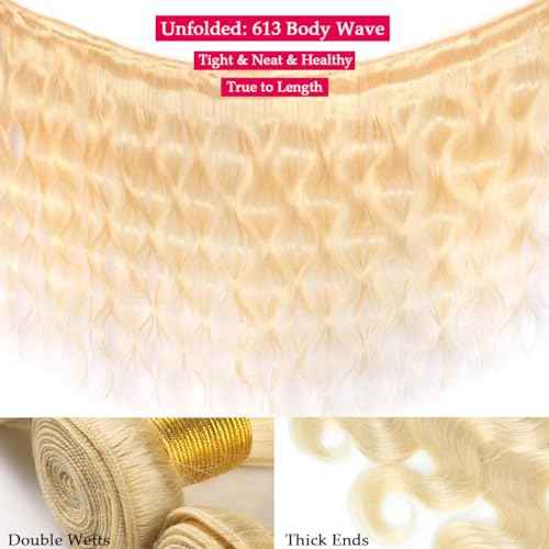 613 Bundles Blonde Human Hair Body Wave Bundles 16 18 20 Inch 100% Unprocessed 12A Grade Brazilian Virgin Hair Extensions for Women Double Weft Quick Weave Full and Thick No Tangle
