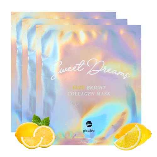 glowiest Sweet Dreams Yuzu Bright Collagen Mask Set of 3, Hydrating Face Collagen Jelly Mask, 78% Collagen, Niacinamide, Vitamin C, Peptides, Korean Skincare