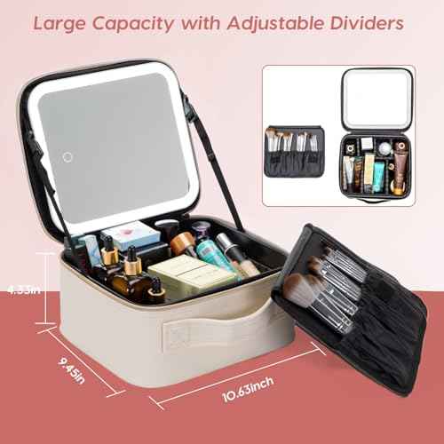 Makeup Bag with Mirror | Partitionable Professional Makeup Organizer | Large Travel Makeup Bag for Women | Cosmetic Case for Daily & On-the-Go Use (Ivory)