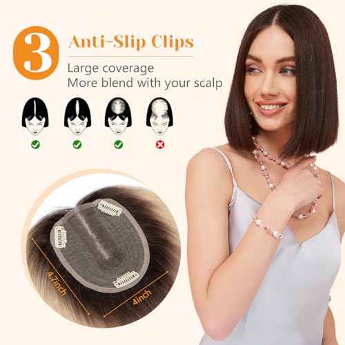 Benehair 12 Inch Hair Toppers For Women Real Human Hair 150% Density 4 * 4.7'' Hand Made Lace Base 100% Remy Human Hair Wiglets Toppers for Thinning Hair No Bangs Ombre Bleach Blonde