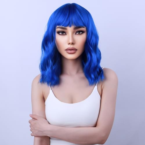 WTHCOS Blue Wig Short Curly Wig with Bangs Dark Blue Wig for Women Short Wave Wig Synthetic Wigs for Cosplay Costume Party with Wig Cap