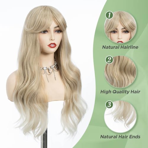 REBECCA STYLE Long Blonde Wig with Bangs 24 Inch Long Wavy Wigs with Bangs for Women Synthetic Curly Wigs Hair Replacement Wigs for Girls Daily Party Use Natural Looking (Ash Blonde)