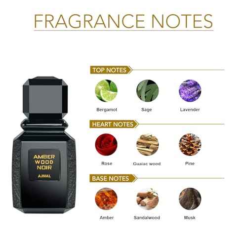 Ajmal Amber Wood Noir Eau de Parfum for Unisex ? Romantic Woody Floral Musk with Citrus & Amber ? Long-Lasting Premium Dubai Fragrance ? 3.4 fl oz (100 ml)