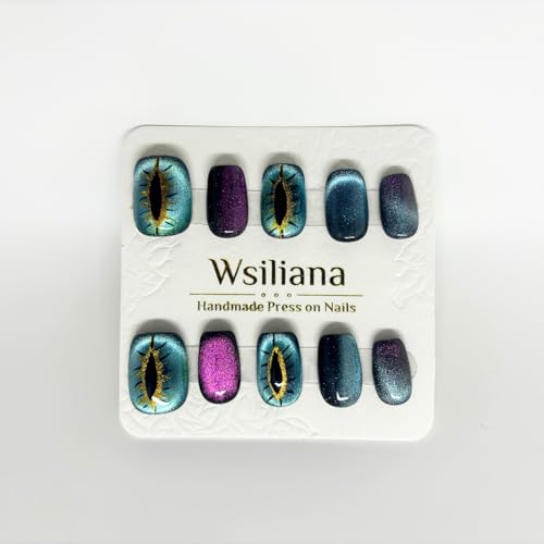 Wsiliana Handmade Press on Nails Short Round Magnetic Cat Eye Gradient Glitter Green Purple Cute Eyes Design Acrylic Fake Nails Tip 10Pcs With Storage Box (012-S)