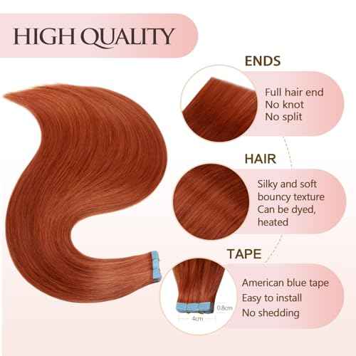 Tape in Extensions Human Hair #350 Copper 22 inches 20pcs 50g/pack Straight Seamless Weft Skin Invisible Thick Tape in Hair Extensions Real Human Hair(22 inches #350 Copper)